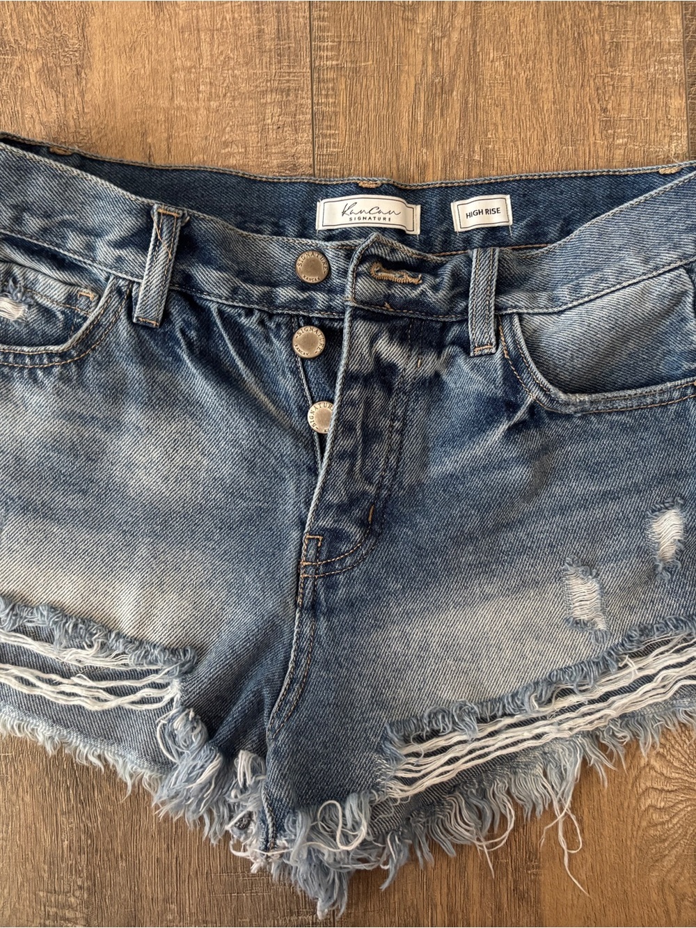 Kancan High Rise Distressed Denim Shorts - Light Blue